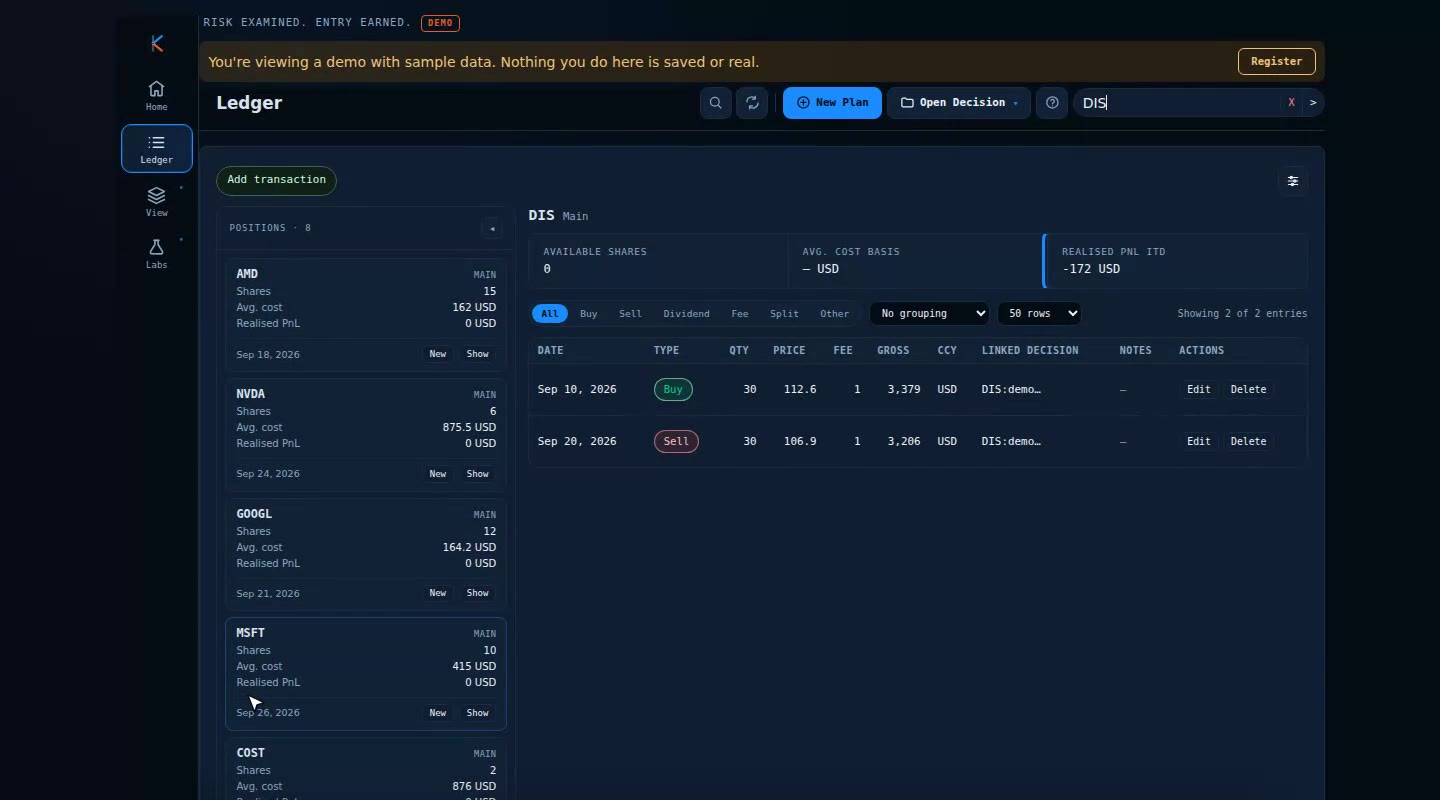 Krino Book of Records ledger screen with a positions sidebar showing shares, average cost, and realised P&L.